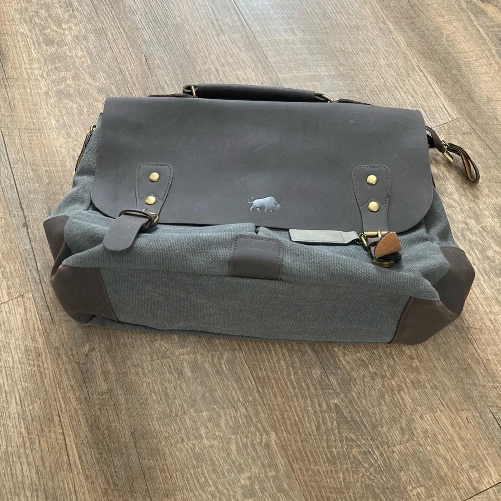 Buffalo Leather & Cotton Canvas Portfolio Business Briefcase Travel Bag